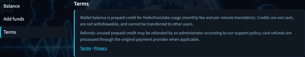 Billing terms and refund policy summary