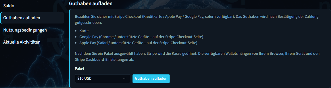 Abrechnung: Bereich „Guthaben aufladen“ mit Paketauswahl