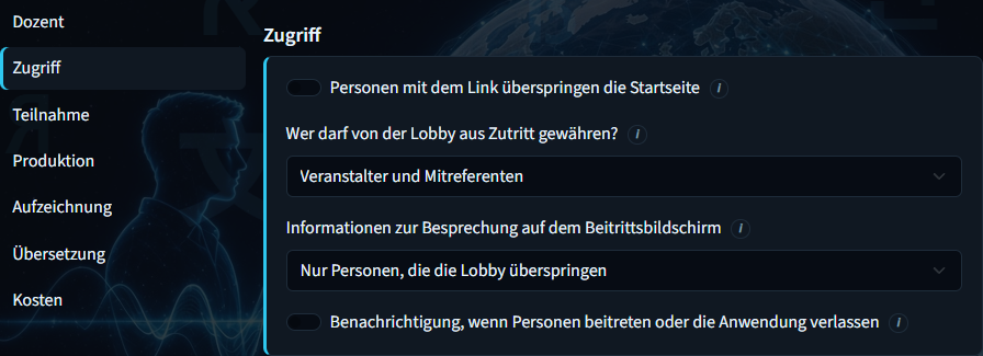 Vortrag erstellen – Zugriffsoptionen