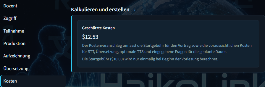 Vortrag erstellen – Fenster „Geschätzte Kosten“