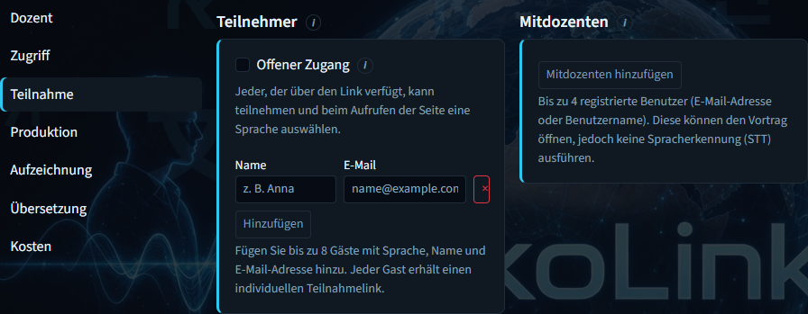 Vortrag erstellen – Gäste und Mitreferenten