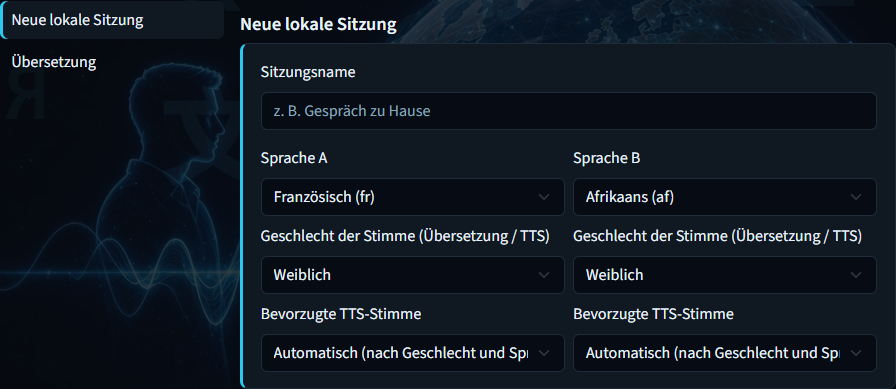 Lokale Übersetzung – Sitzungsname und Sprache A/B
