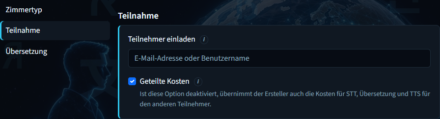 Raum erstellen – Teilnahmefeld mit Einladung und Kostenteilung