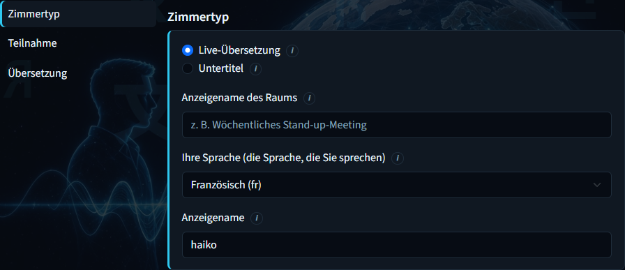 Raum erstellen – Fenster „Raumtyp“ mit Modus, Name und Sprache