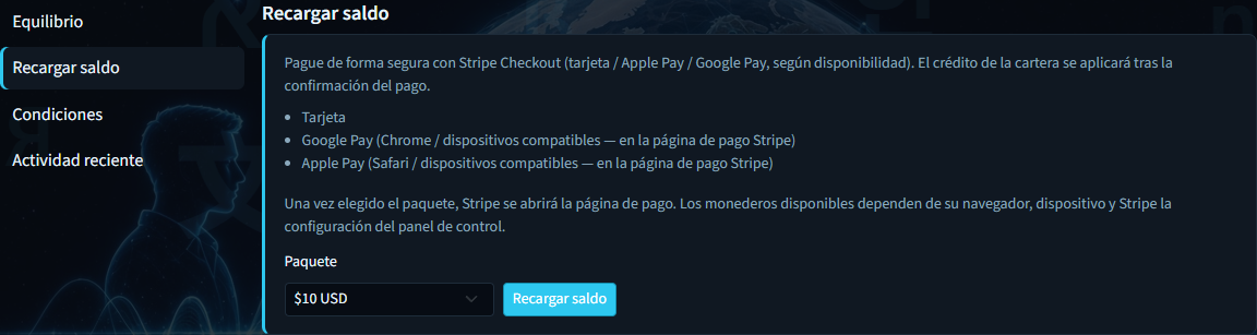 Panel de recarga de saldo con selector de paquetes