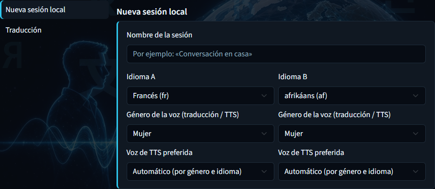 Traducción local: nombre de la sesión e idioma A/B