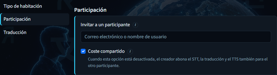 Crear sala — Panel de participación con invitación y coste compartido