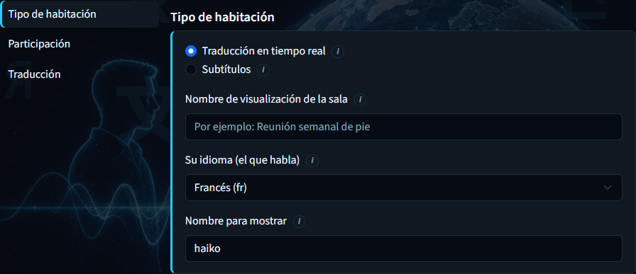 Crear sala — Panel de tipo de sala con modo, nombre e idioma