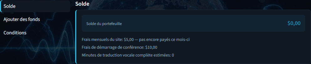 Solde de facturation avec montant du portefeuille et frais