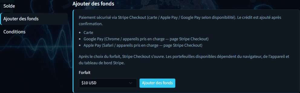 Sélecteur de forfait de Facturation — Ajouter des fonds