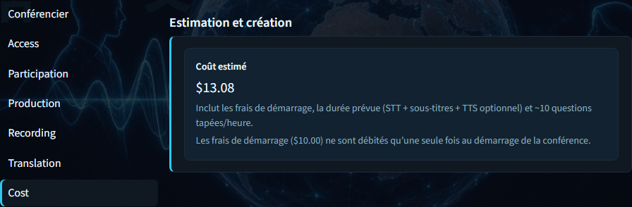 Créer un cours — panneau d'estimation du coût