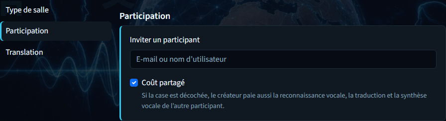 Créer un salon — panneau Participation avec invitation et partage des coûts