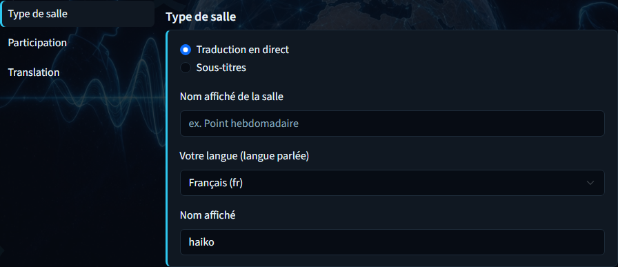 Créer un salon — panneau Type de salon avec mode, nom et langue