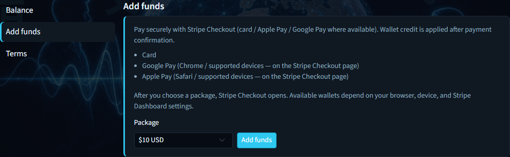 Billing Add funds panel with package selector
