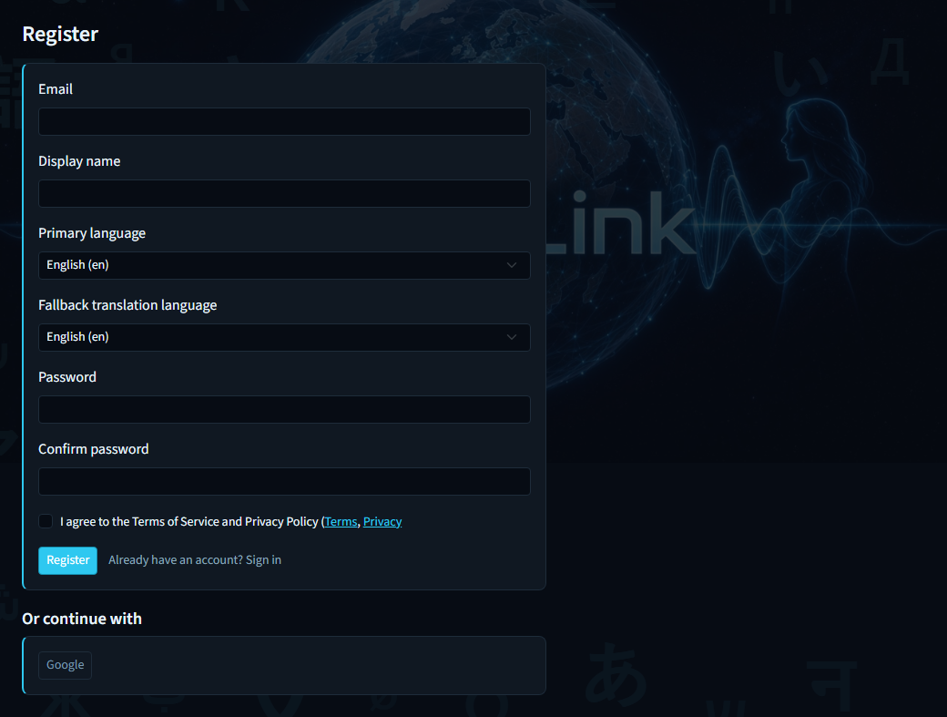 Register form with email, display name, languages, and password