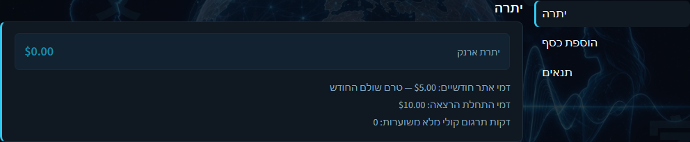 יתרת חיוב עם סכום הארנק ועמלות