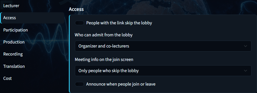 Create lecture — Access options