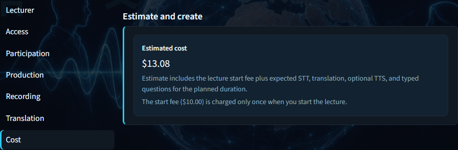 Create lecture — estimated cost panel