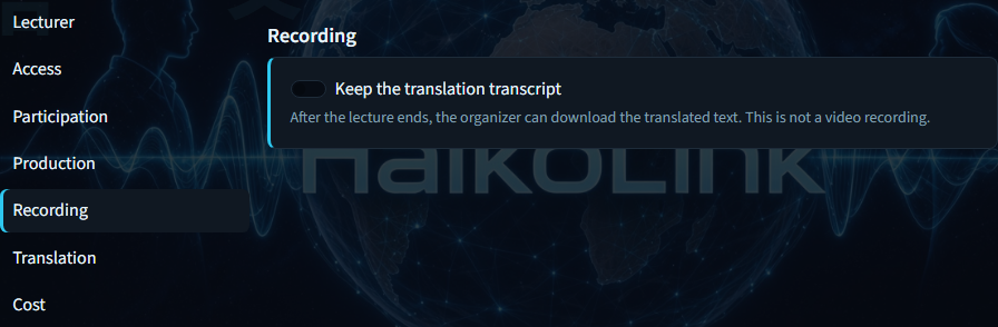 Create lecture — keep translation transcript