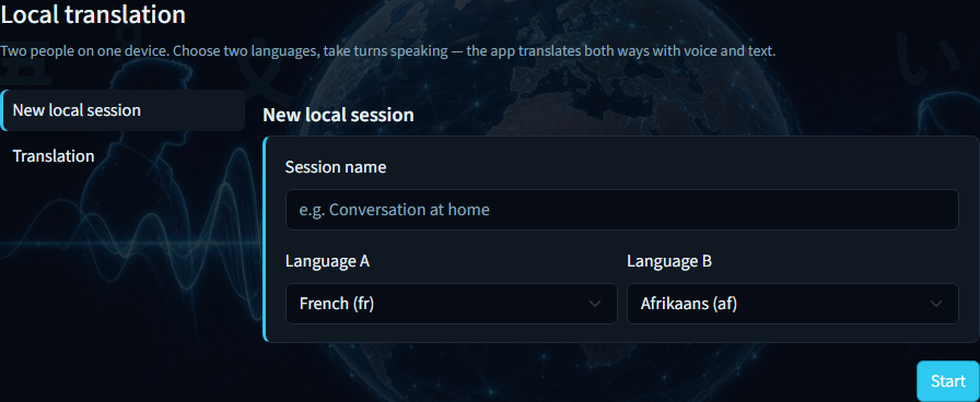 Local translation — session name and language A/B