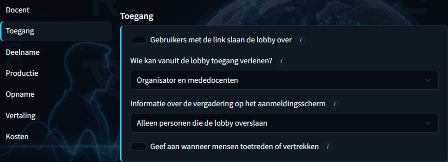 Lezing aanmaken — Toegangsopties
