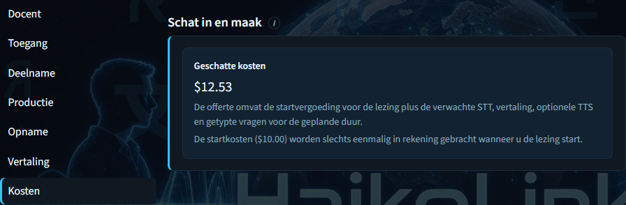 Lezing aanmaken — paneel met geschatte kosten