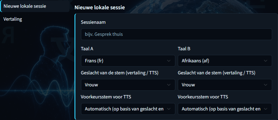 Lokale vertaling — sessienaam en taal A/B