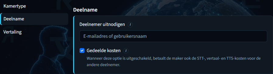 Ruimte aanmaken — Deelnamepaneel met uitnodiging en gedeelde kosten