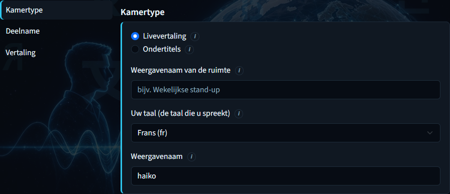 Een ruimte aanmaken — Paneel ‘Ruimtetype’ met modus, naam en taal