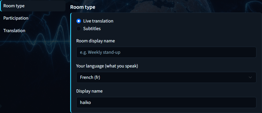 Create room — Room type panel with mode, name, and language