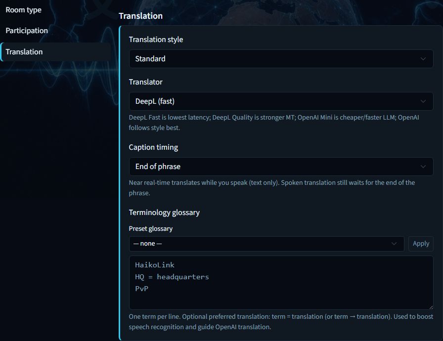 Create room — Translation panel with style, translator, and terminology
