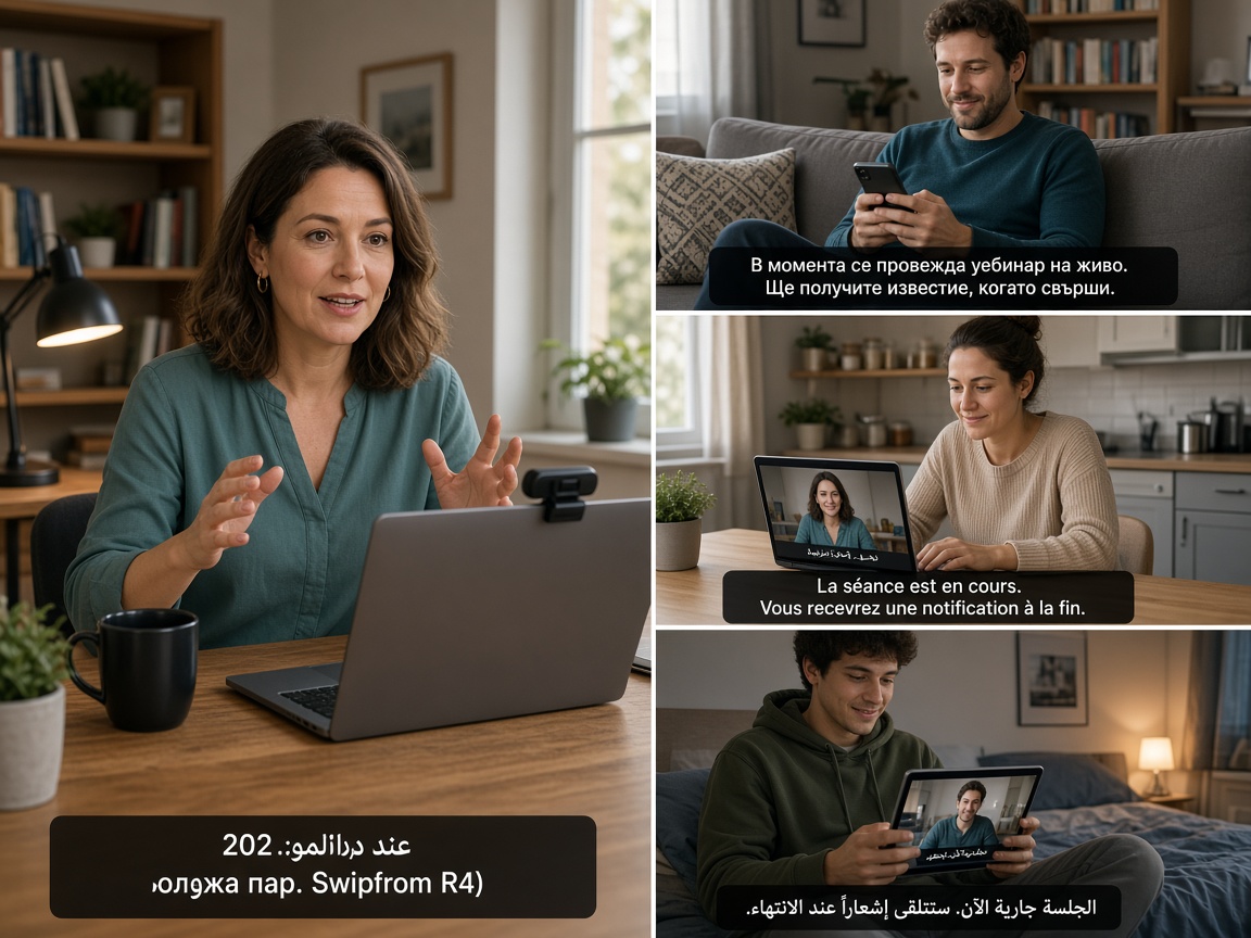 Event host in a home office with remote guests reading translations at home